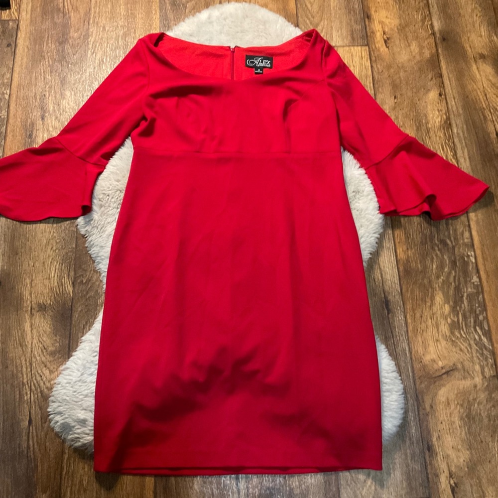 Alex Evenings Dress Size 14 Red 3/4 Flutter Sleeve Sheath Knee Length Womens‎